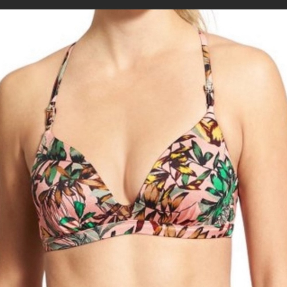 ATHLETA Estuary Aqualuxe Lotus Leaf Print Padded Bikini Top Swim Bathing Suit; M